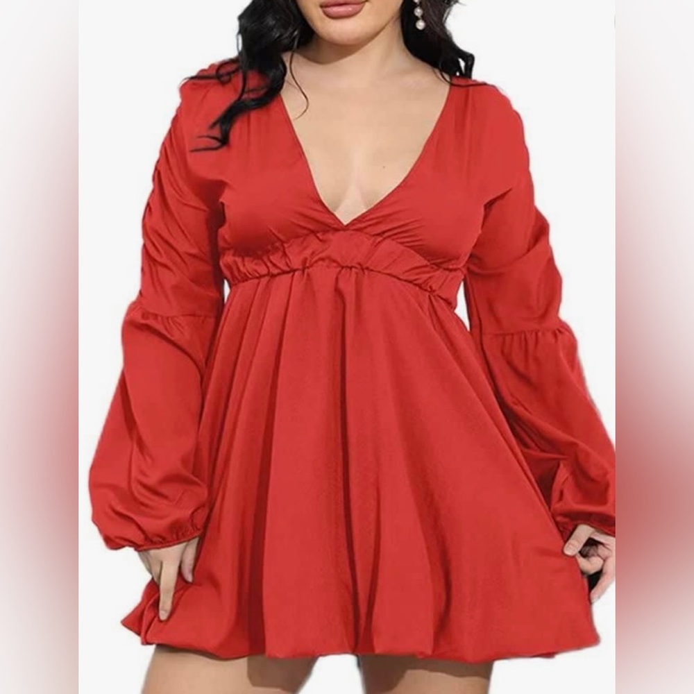 Small Red Women's Deep V Neck Puff Sleeve High Rise Flare Dress